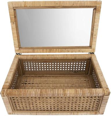 China European Woven Rattan Glass Lids Fir Wood Frame Set Of 2 Sizes Wooden Display Boxes for sale