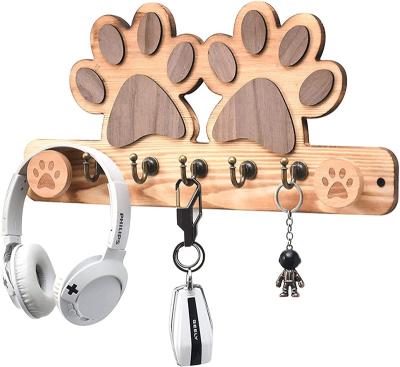 China Main Hanger Burnt Solid Wood Pine Wood Dog Leash Holder Holder with 5 Main Hooks Brass for sale