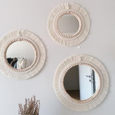 China Minimalist Pearl 3 Set Cotton Wall Decor Macrome Boho Natural Wood White Wall Mirror for sale