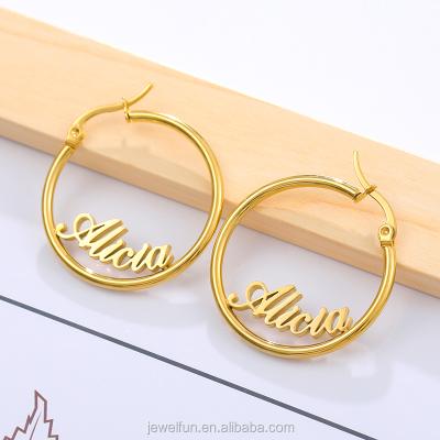 China TRENDY Personalized Name Stud Earrings For Women Fashion Custom Name Round Open Stainless Steel Gold Plated Nameplate Earrings for sale