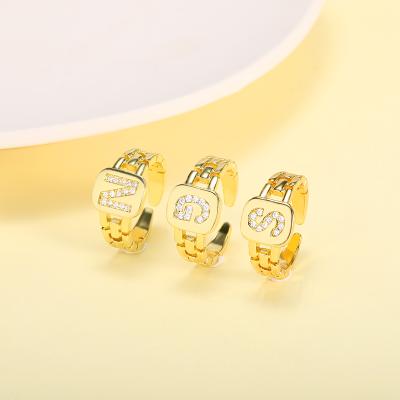 China FASHIONABLE Gemstone 18K Gold Plated Initial Letter CZ Alphabet A-Z Adjustable Ring For Women Girls for sale