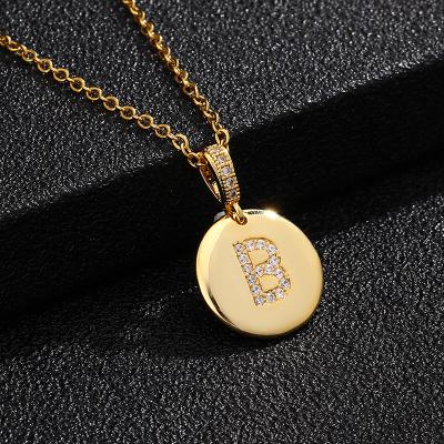 China FASHION Gold Plated Zircon Round Letter Coin Initial Locket Pendant Necklace For Women A-Z Name Jewelry Stainless Steel for sale