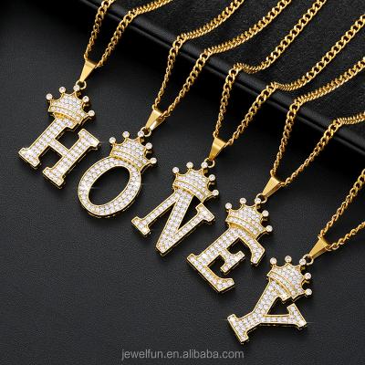 China Hiphop Hip Pop Jewelry Kolye Iced Out Chain Jewelry Diamond Pendant Stainless Steel Tennis Zircon Crown Initial Letter Necklace for sale