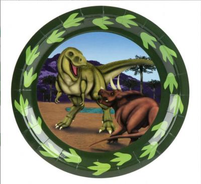 China Vintage Cartoon Animal Green Dinosaur Themed Disposable Tableware 7-Inch Plate Plate 9-Inch Paper Cup Set Birthday Party Tableware for sale