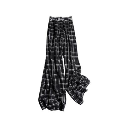 China QUICK DRY Plaid Black and White Straight Women Ladies Chemical Fiber Wide Leg Pants Set for sale