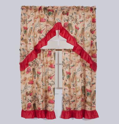 China Fashion 3 Pcs Bamboo Printing Kitchen Window Curtain Set With Ruffle Drapery for sale