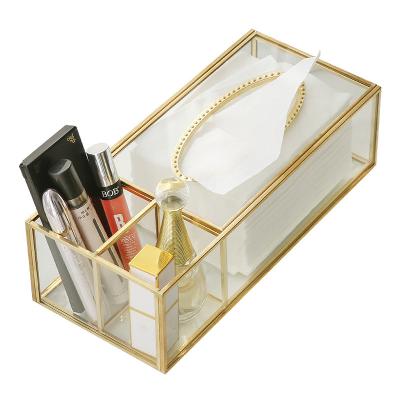 China Gold Handmade Wholesale Brass Glass Living Room Frame Tissue Paper Box Desktop Remote Holders for sale