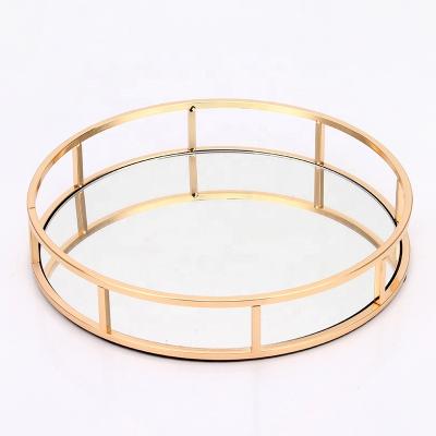 China Wholesale Handmade Gold Makeup Organizer Round Decorative Gold Metal Mirror Trays for sale