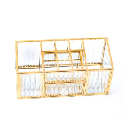 China Handmade Rectangle Gold Makeup Brush Holder and Organizer Drawer Box for sale