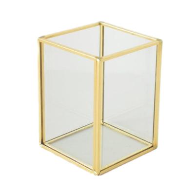 China Fashion Rectangle Golden Makeup Brush Holder Holder Glass Brass Organizer Storage for sale