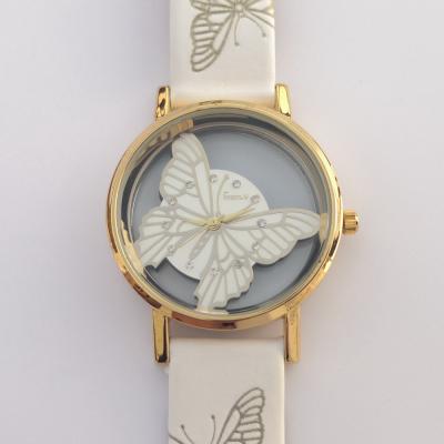 China Customizable Water Resistant Butterfly Dial Glass Case Woman Wristwatch Genuine Leather Transparant Factory for sale