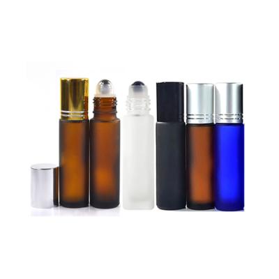 China Personal Care 5ml 8ml 10ml Matte Frosted Blue Clear Amber Glass Perfume Roll On Bottle With Trackball For Eye Cream Cosmetic Essential Oil for sale