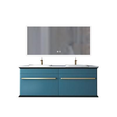 China Modern high quality solid wood bathroom cabinet with luxury stainless steel gold edge for sale