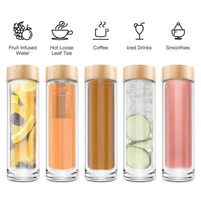 China Sustainable High quality borosilicate glass water bottle fruit tea infuser bamboo lid for sale