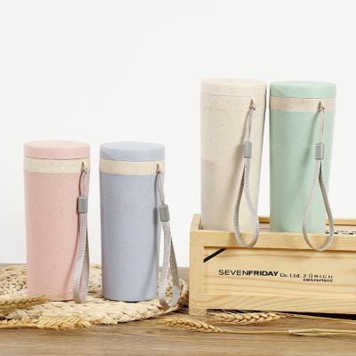 China Sustainable Mass Production Wheat Straw Cup Advertising Gift Solution Double Wall Custom Logo With Strap Portable Wheat Water Bottle for sale