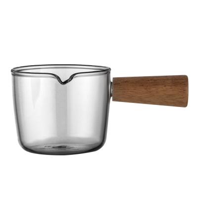 China Coffee Accessories Mini Borosilicate Glass Milk Cup With Wooden Handle Espresso 100 ml Glass Ounce Cup for sale