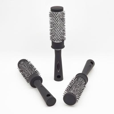 China Black High Quality Round Aluminum Perforated Head Edition Pin Elastic Paint Handle Nylon Plastic Hair Brush Round Hairdressing Brush for sale