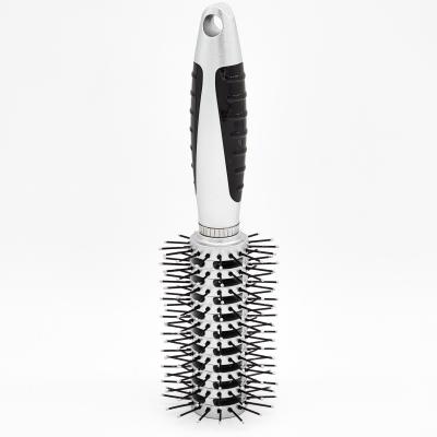 China Professional Hairdressing High Quality Round Silver Color Round Hollow-cut Design Nylon Anti-Slip Pin Handle Round Plastic Hair Brush for sale