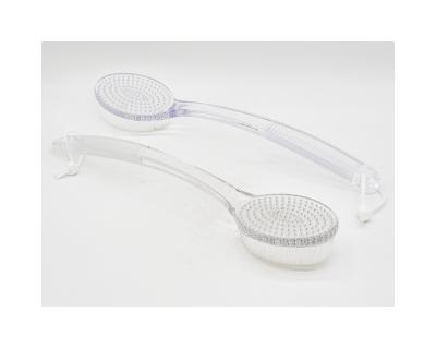 China Transparent Curved Plastic Bath Cleaning Brush High Quality Body Exfoliation Handle Anti-Slip Nylon Head Bath Long Exfoliation Treatment for sale