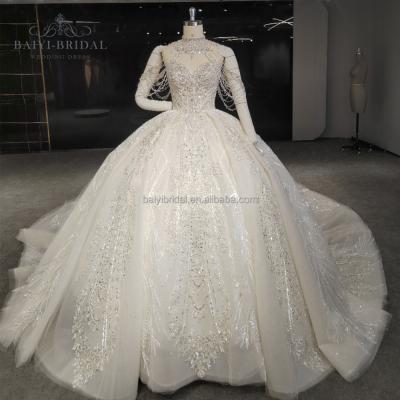 China Real Photo Factory Wedding Dress Baiyi Wedding Anti-Static Luxury Sequin Princess Ball Gown Beading With Exclusive Halterneck Accessories for sale