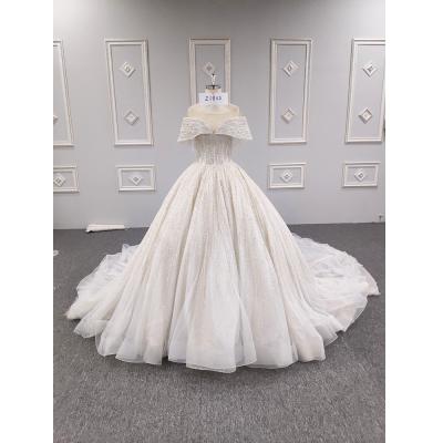 China 2022 New Style Bridal Light Champagne Sparkle Beaded Off Shoulder Anti-Static Wedding Dress With Boat Neck 2080D for sale