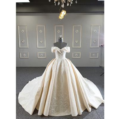 China New Design Champagne Off Shoulder Rhinestone Long Ball Tail Dress American 3D Anti-Static Flower Puffy Wedding Dress for sale