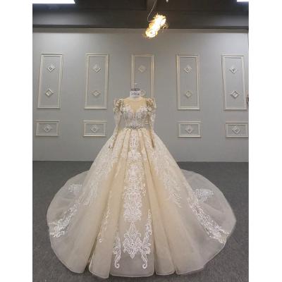 China Baiyi Anti-Static In Champagne Bridal Ball Gowns Long Lace Embroidery Current Classic Wedding Dress With Detachable Sleeve for sale