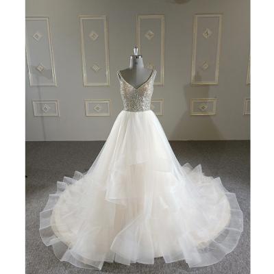 China Guangzhou Anti-Static Soft Fairy Tulle Lace Up Spaghetti Tie Deep-V Back Gauze Tail Short Prom Wedding Dress For Girls for sale