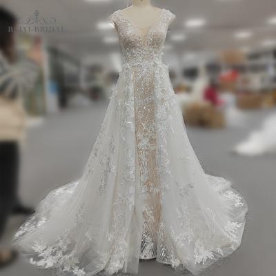 China Anti-static The Latest Fashion American Lace Mermaid Wedding Bridal Dress With Detachable Back Skirt For Women for sale