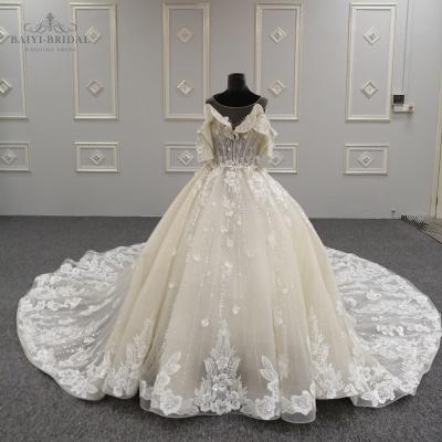 China Anti-Static Latest Luxury U-neck Gorgeous 3D Lace Flowers Sleeveless Wedding Dress With Long Tow for sale