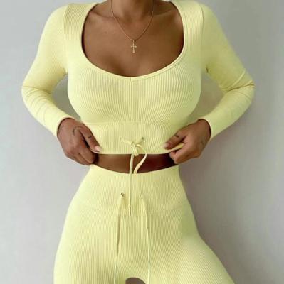 China New Solid Color QUICK DRY Shorts Long Sleeve Rib Cropped Jogger Athleisure Women's 2 Piece Set for sale