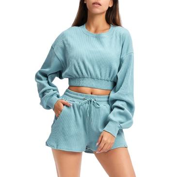 China New Breathable Antibacterial Long Sleeve Jogging Round Neck Sweater Plus Size Fashion Set Of 2 Piece Shorts Women for sale