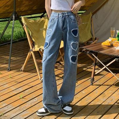 China New Drop Arrivals Street Wear Fashion Blue Solid Wide Leg Denim Straight Women's Breathable Straight Jeans 2021 Patches Pants For Women for sale