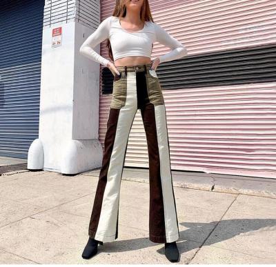 China Anti-wrinkle stock women fall clothes stretching pants woman fashion patch color block 2021 flared pants street wear trousers for sale