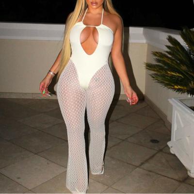 China Sexy lace cutout jumpsuits anti-pilling halter outfit women summer see-through one-piece camisoles overalls flared custom made casual playsuits for sale