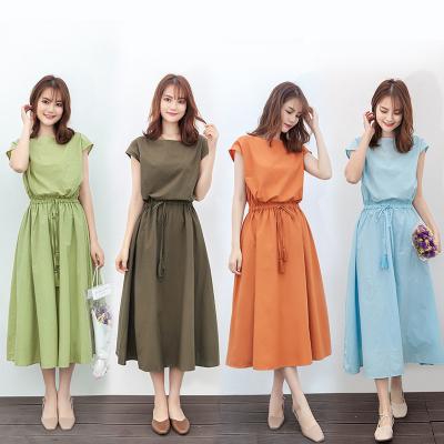 China 2022 Summer New Anti-Static Women's Short Elegant Dress Drawstring Cotton Solid Canvas Plus Size Women Midi Length Loose Casual Dress for sale