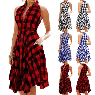 China Wholesale 2022 Breathable For Women Autumn/Winter Plaid Midi Length Turn Down Collar Sleeveless Loose Loose Plus Size Women Casual Dress for sale