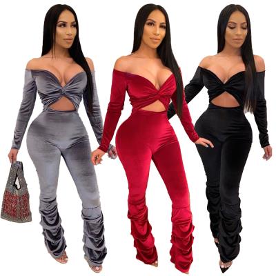 China Anti-pilling new fashion popular design women's sexy club jumpsuit clothing hollow out solid color off the shoulder women ruffled casual jumpsuit for sale