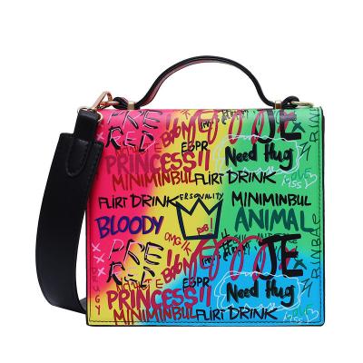 China Hip-hop fashion and colorful leather handbag designer female graffiti messenger bag ladies shoulder bag for sale