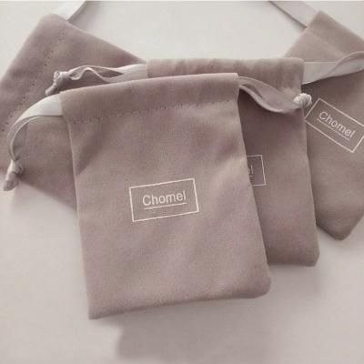 China Gray Velvet Recyclable Custom Cosmetic Packaging Pouches 11x14cm Gift Bags Ribbon Logo Jewelry Sack 5x7cm 7x9cm 9x12cm for sale