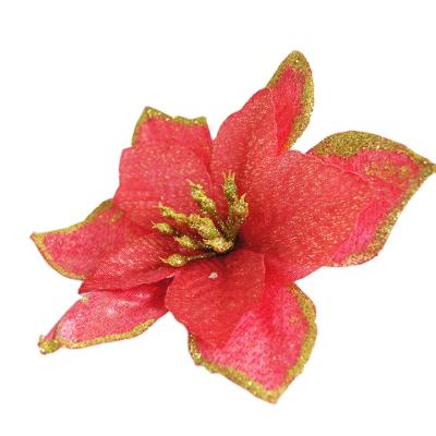 China Christmas Plastic Mesh Holly Leaf Artificial Poinsettia Flowers in Red Glitter Silk for sale