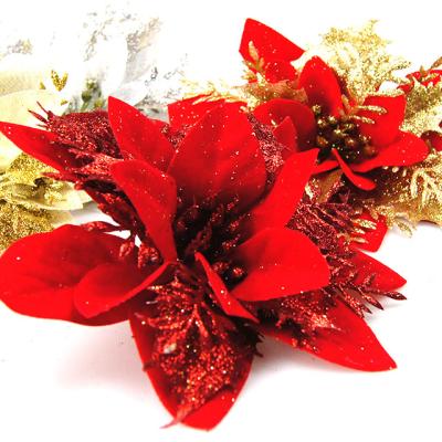 China Plastic Fabric Poinsettias Flower Christmas Glitter Artificial Flower Single Flower for sale