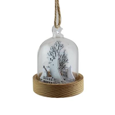 China Heat Resistant Mini Glass Dome Christmas Hanging Ornaments With Wooden Tree And Bird for sale