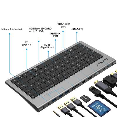 China FLYKAN USB-C Keypad Keyboard Docking Station-78keys-11in 1 (PD 100w, 4K*2K HD, USB3.0 Hub x 3, Gigabit LAN) - UC3300 for sale