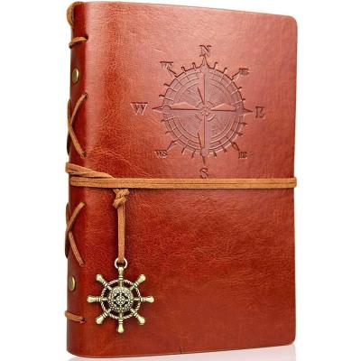 China Vintage A6 Refillable Classic Leather Loose Leaf PU Debossed Notebook Sketchbook Nautical Travel Journal with Custom Logo for sale