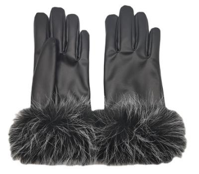 China Simple Women Autumn Winter Warm Fur Mittens Mobile Phone Touch Screen Gloves Leather Trim Gloves for sale