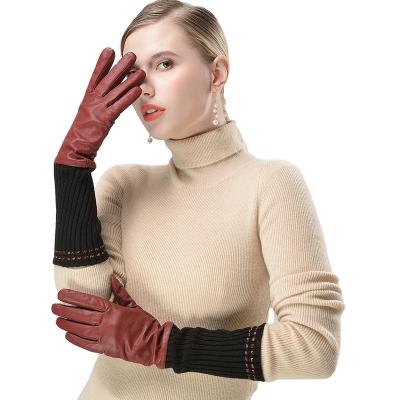 China Simply 2022 New Design Double Palms Long Goat Leather Gloves With Acrylic Knitted Cuff For Women Winter Touch Screen Gloves for sale