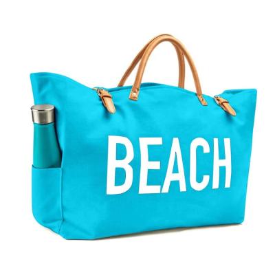 China arming & Wholesale Customized Hand Large Tote Canvas High End Leather Beach Bag Outdoor PU Travel Disarm Bag With Side Bottle Pocket for sale