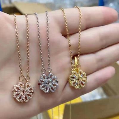 China Korean Casual/Sporty Rhinestone Heart Necklace Zircon Four Leaf Clover Style Charm Women Flat Folding Pendant Necklace for sale