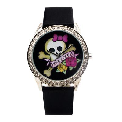 China Fashion lovely skeleton image dial good quality  leather strap shining stone bezel watches for sale